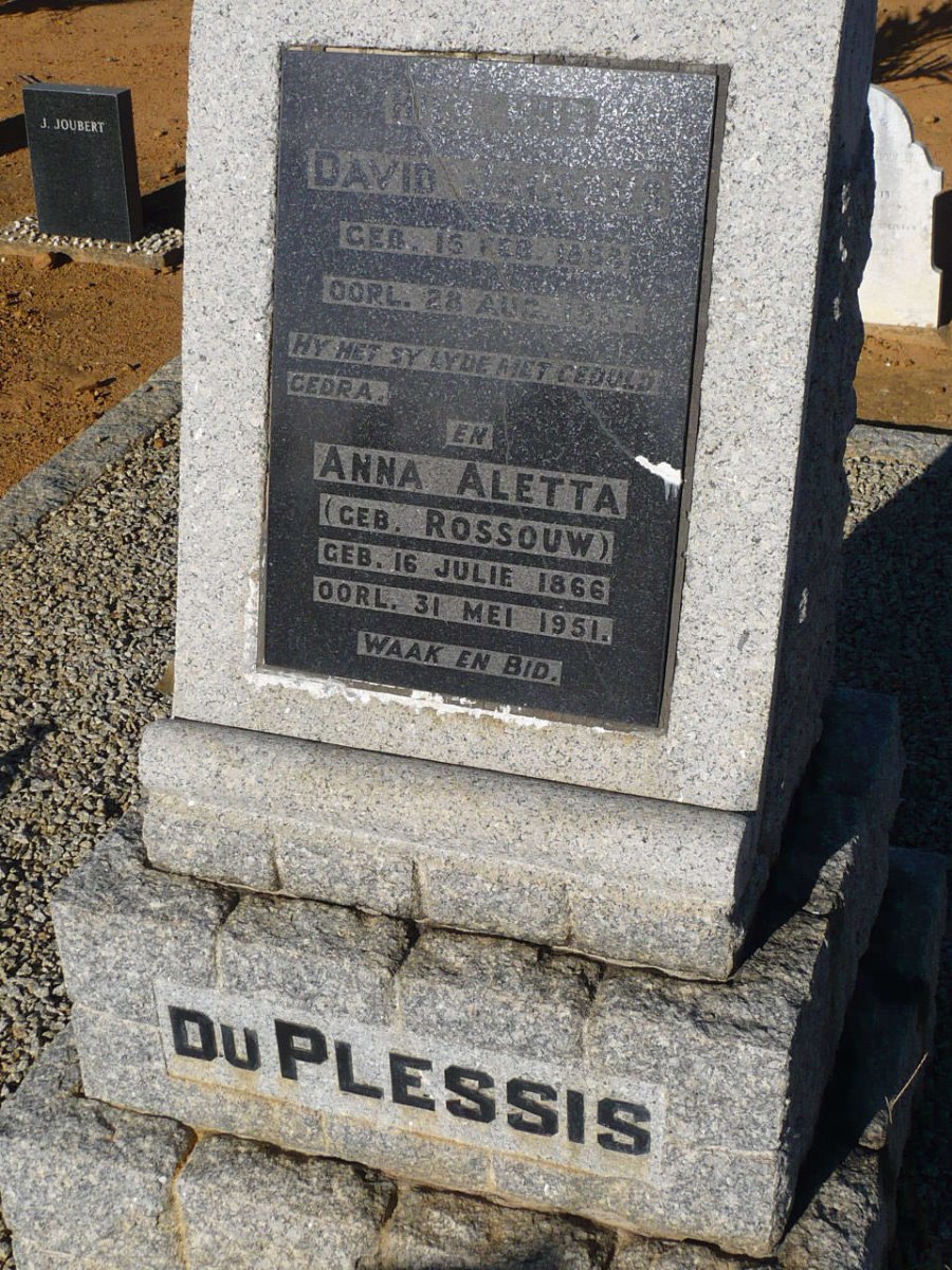 PLESSIS David Jacobus, du 1858-1937 &amp; Anna Aletta ROSSOUW 1866-1951