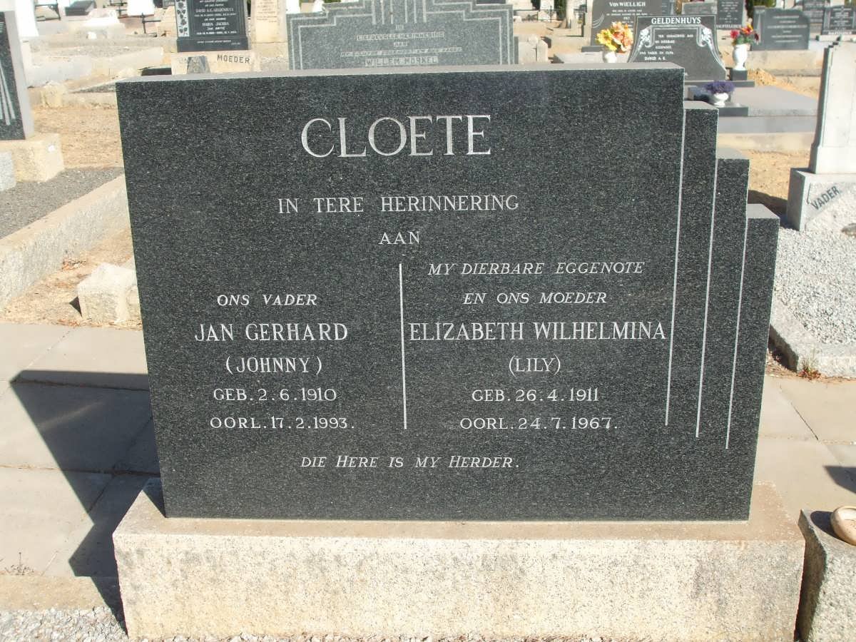 CLOETE Jan Gerhard 1910-1993 &amp; Elizabeth Wilhelmina 1911-1967