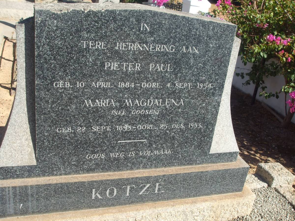 KOTZE Pieter Paul 1884-1954 &amp; Maria Magdalena GOOSEN 1893-1953