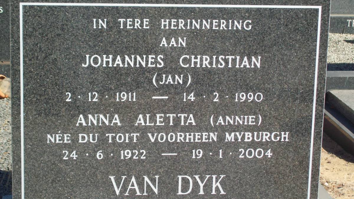 DYK Johannes Christian, van 1911-1990 &amp; Anna Aletta MYBURGH nee DU TOIT 1922-2004