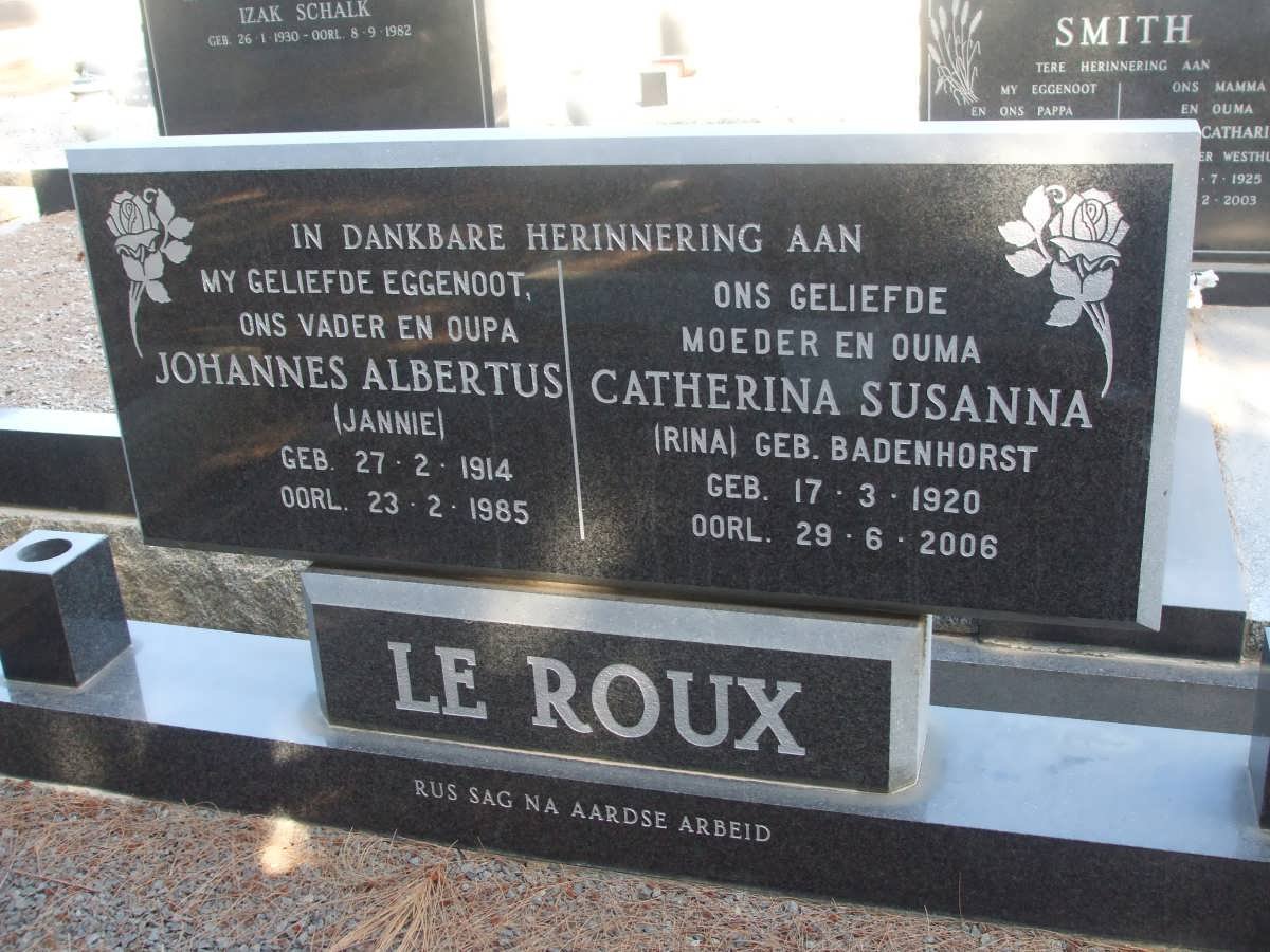 ROUX Joahnnes Albertus, le 1914-1985 &amp; Catherina Susanna BADENHORST 1920-2006