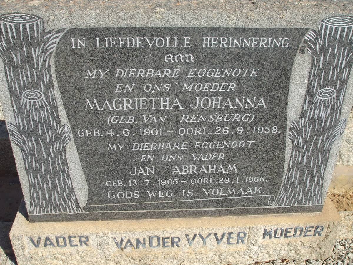 VYVER Jan Abraham, van der 1905-1966 &amp; Magrieta Johanna VAN RENSBURG 1901-1958