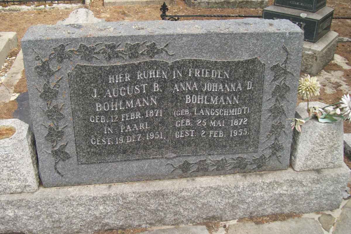 BOHLMANN J. August B. 1871-1951 &amp; Anna Johanna D. LANGSCHMIDT 1872-1955