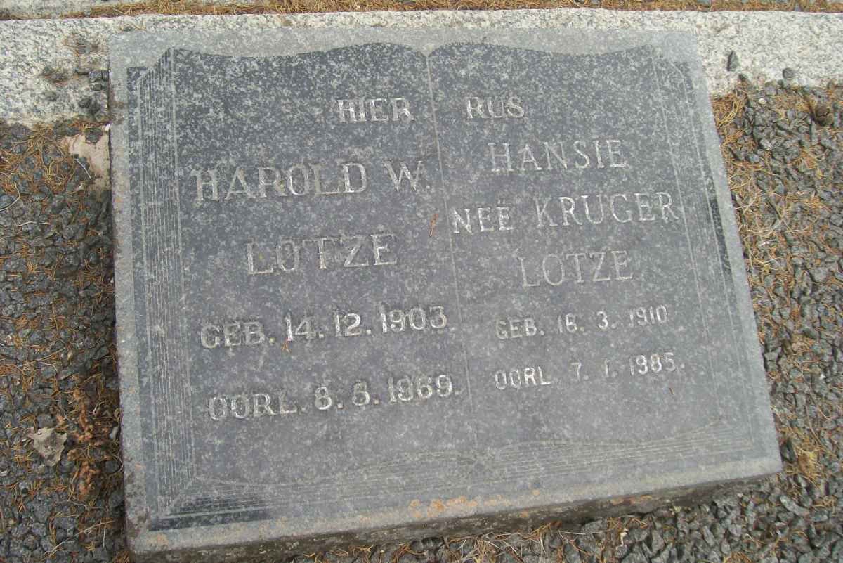 LOTZE Harold W. 1903-1969 &amp; Hansie KRUGER 1910-1985
