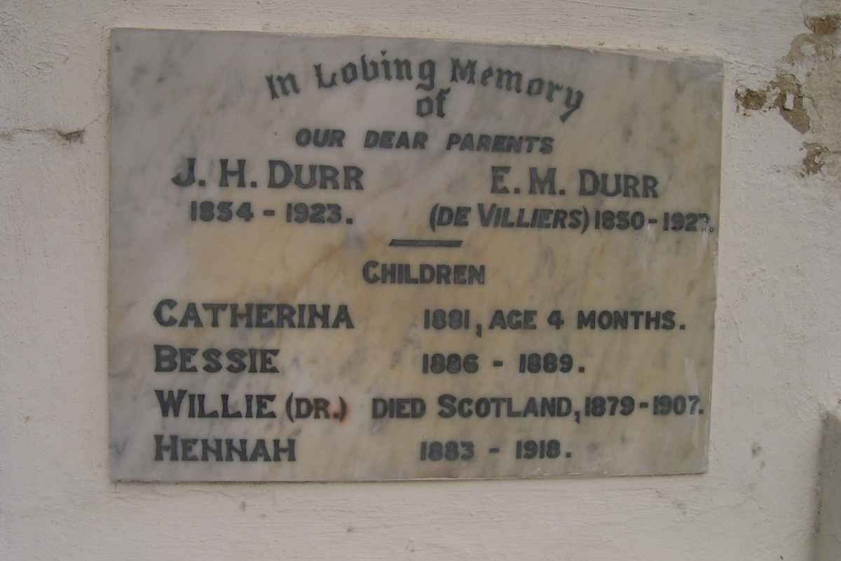 DURR J.H. 1854-1923 &amp; E.M. DE VILLIERS 1850-1927