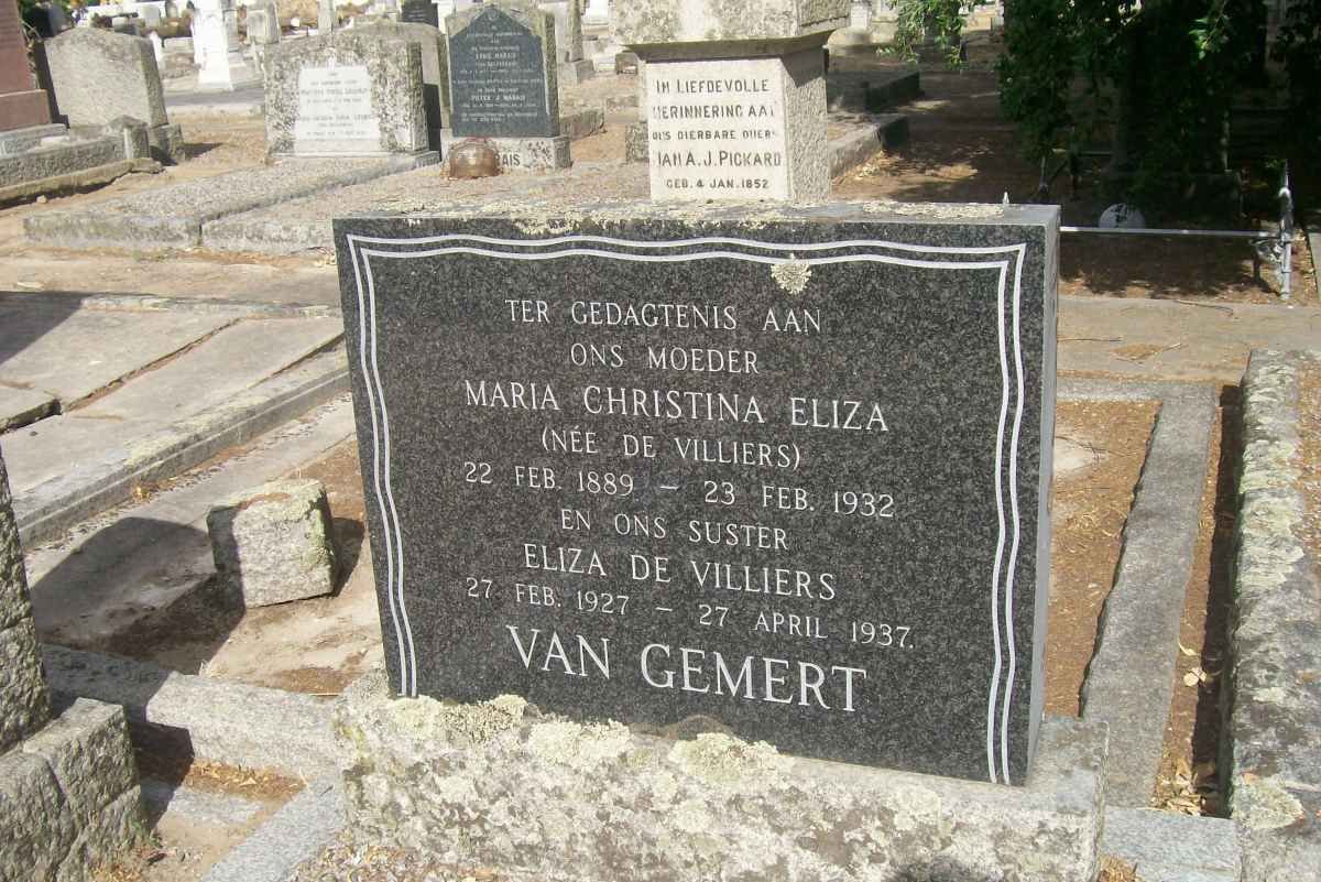 GEMERT Maria Christina Eliza, van nee DE VILLIERS 1889-1932 :: DE VILLIERS Eliza 1927-1937