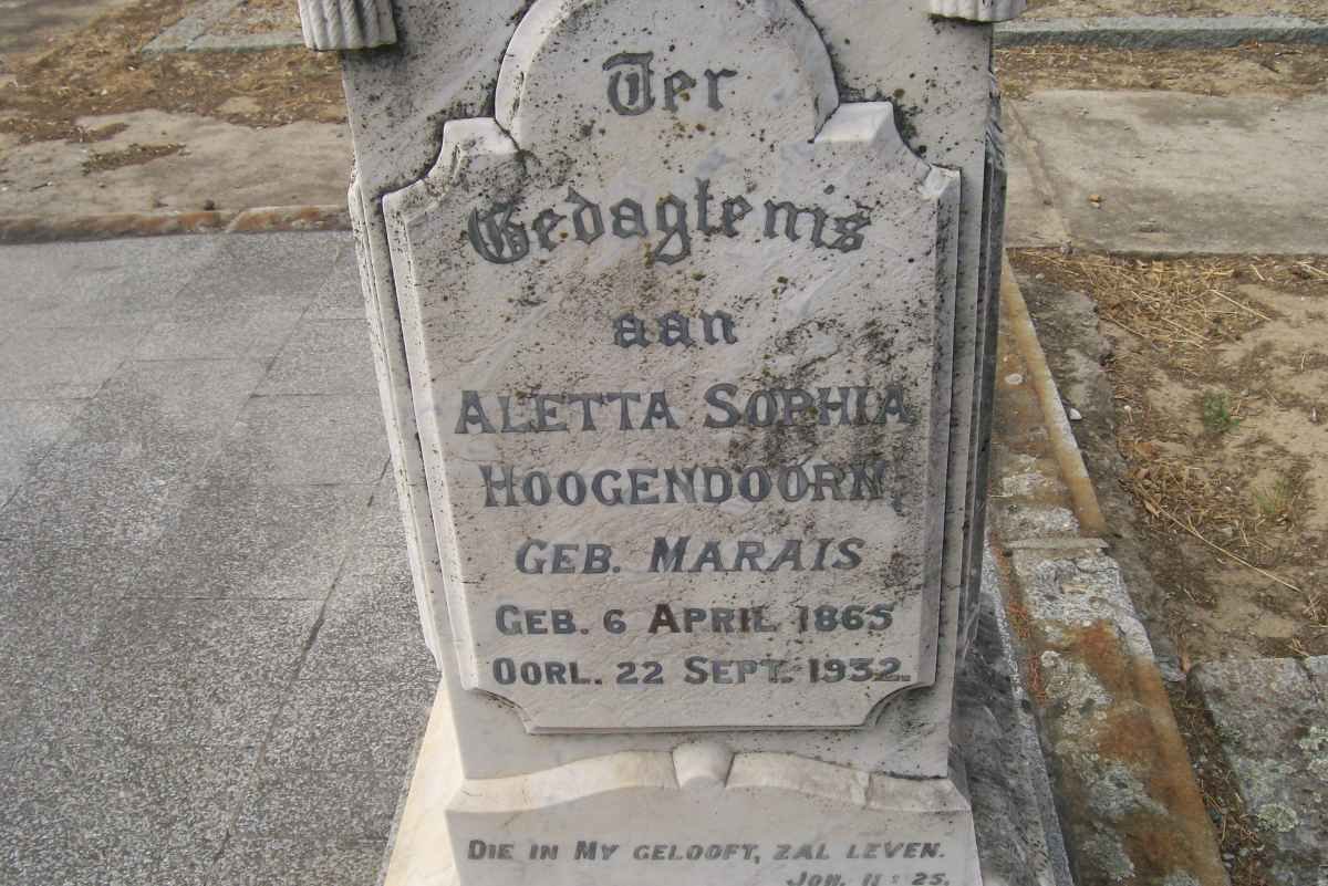 HOOGENDOORN Aletta Sophia nee MARAIS 1865-1932