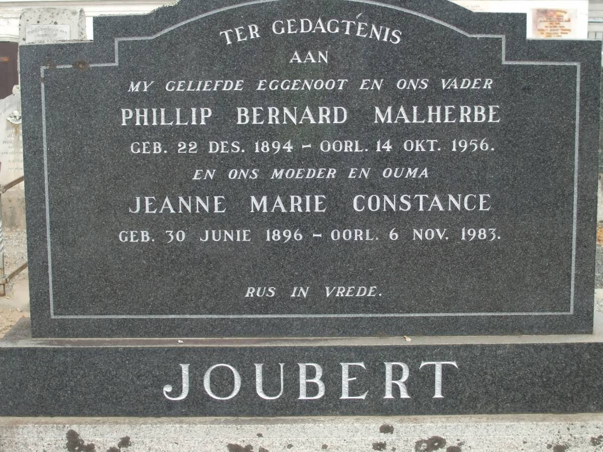 JOUBERT Phillip Bernard Malherbe 1894-1956 &amp; Jeanne Marie Constance 1896-1983