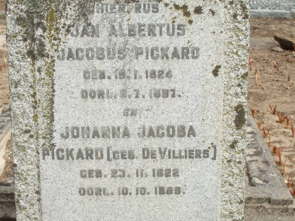 PICKARD Jan Albertus Jacobus 1824-1897 &amp; Johanna Jacoba DE VILLIERS 1822-1899
