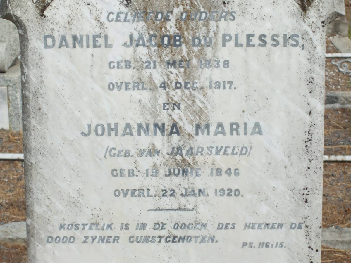 PLESSIS Daniel Jacob, du 1838-1917 &amp; Johanna Maria VAN JAARSVELD 1846-1920