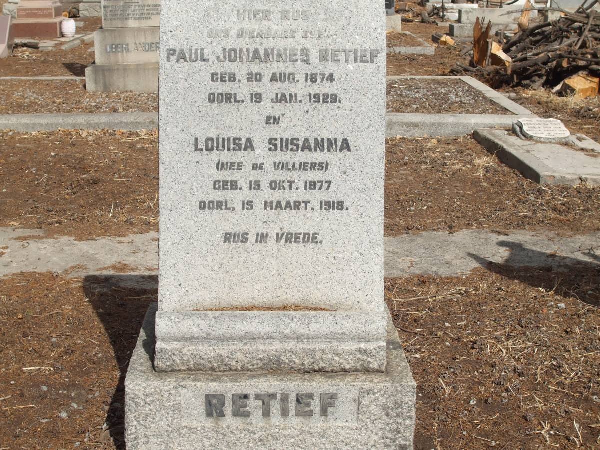 RETIEF Paul Johannes 1874-1929 &amp; Louisa Susanna DE VILLIERS 1877-1918
