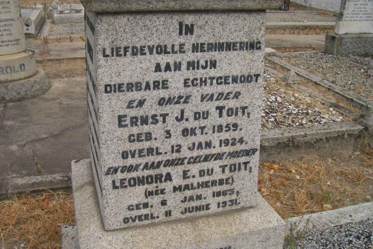 TOIT Ernst J., du 1859-1924 &amp; Leonora E. MALHERBE 1863-1931