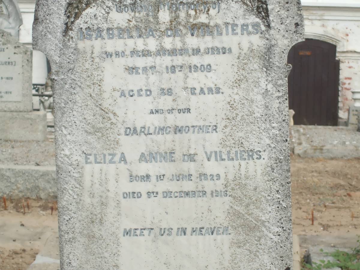 VILLIERS Isabella, de  -1909 :: DE VILLIERS Eliza Anne 1829-1916