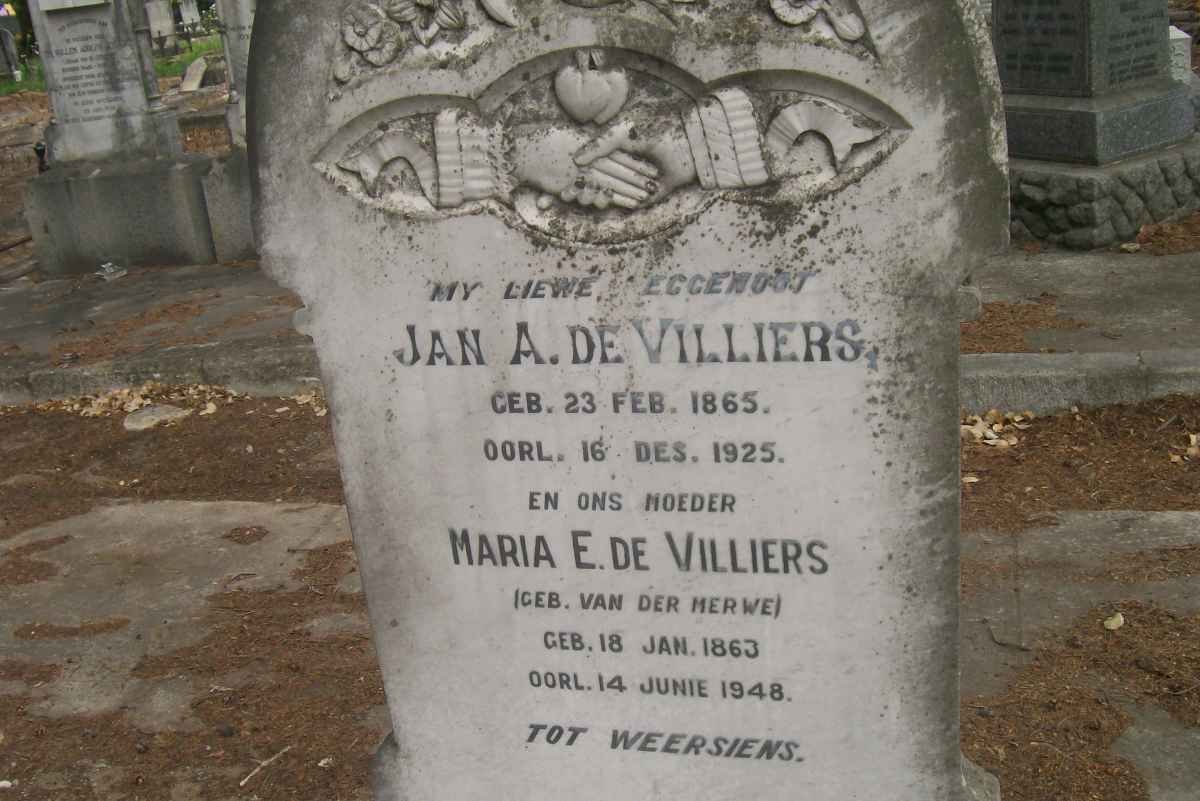 VILLIERS Jan A., de 1865-1925 &amp; Maria E. VAN DER MERWE 1863-1948