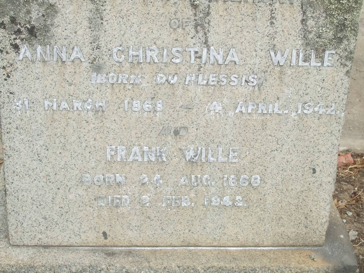 WILLE Frank 1866-1943 &amp; Anna Christina DU PLESSIS 1868-1942