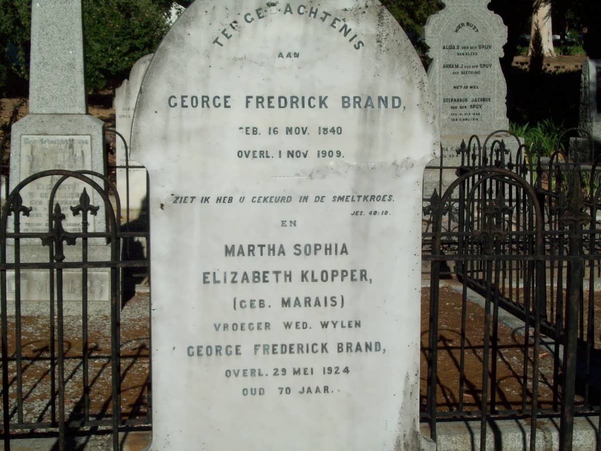 BRAND George Fredrick 1840-1909 &amp; Martha Sophia Elizabeth KLOPPER nee MARAIS