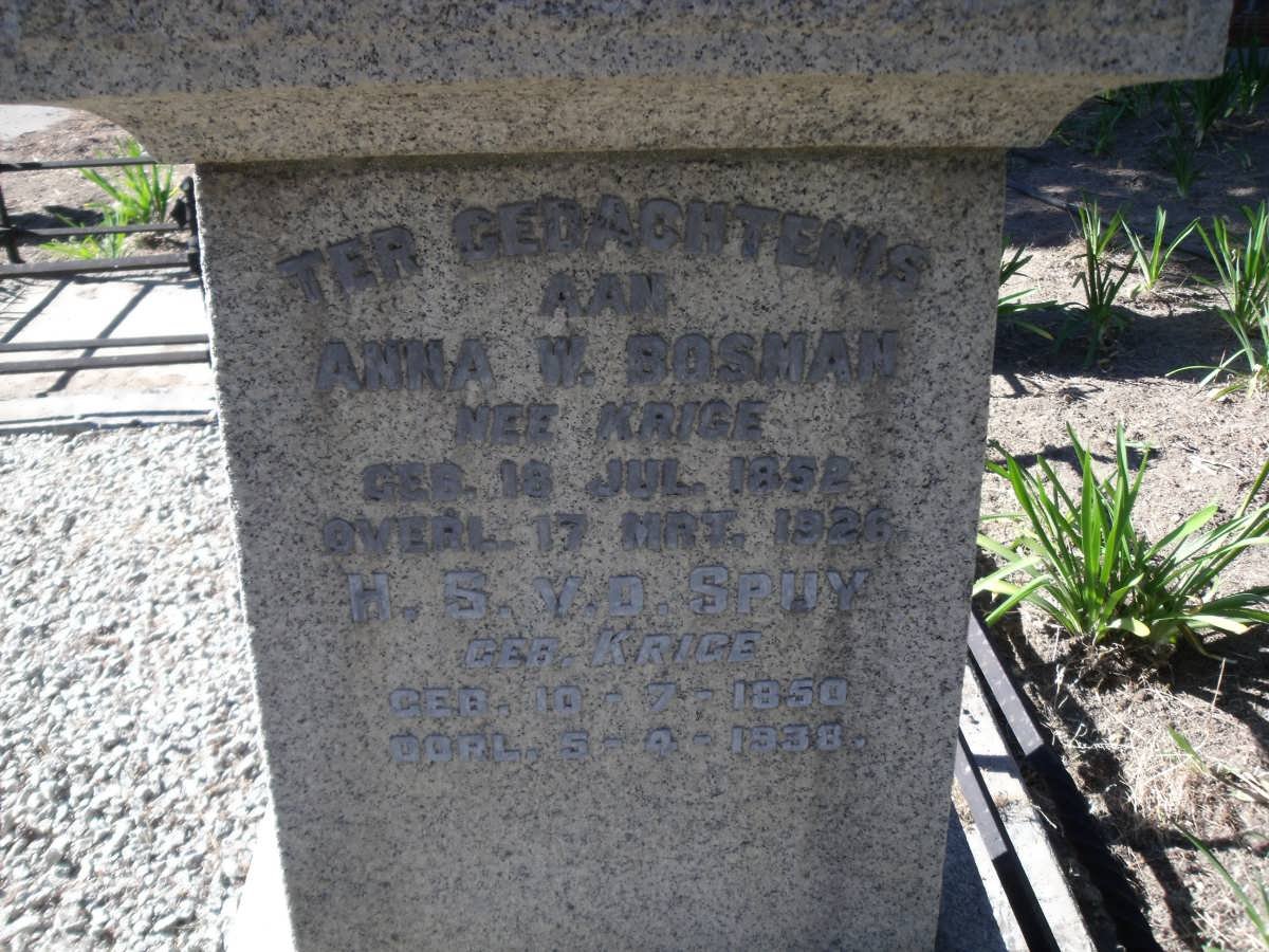 BOSMAN Anna W. nee KRIGE 1852-1926 :: VAN DER SPUY H.S. nee KRIGE 1850-1938