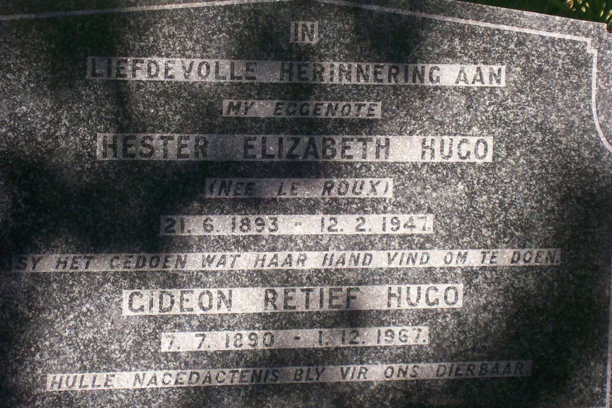 HUGO Gideon Retief 1890-1967 &amp; Hester Elizabeth LE ROUX 1893-1947