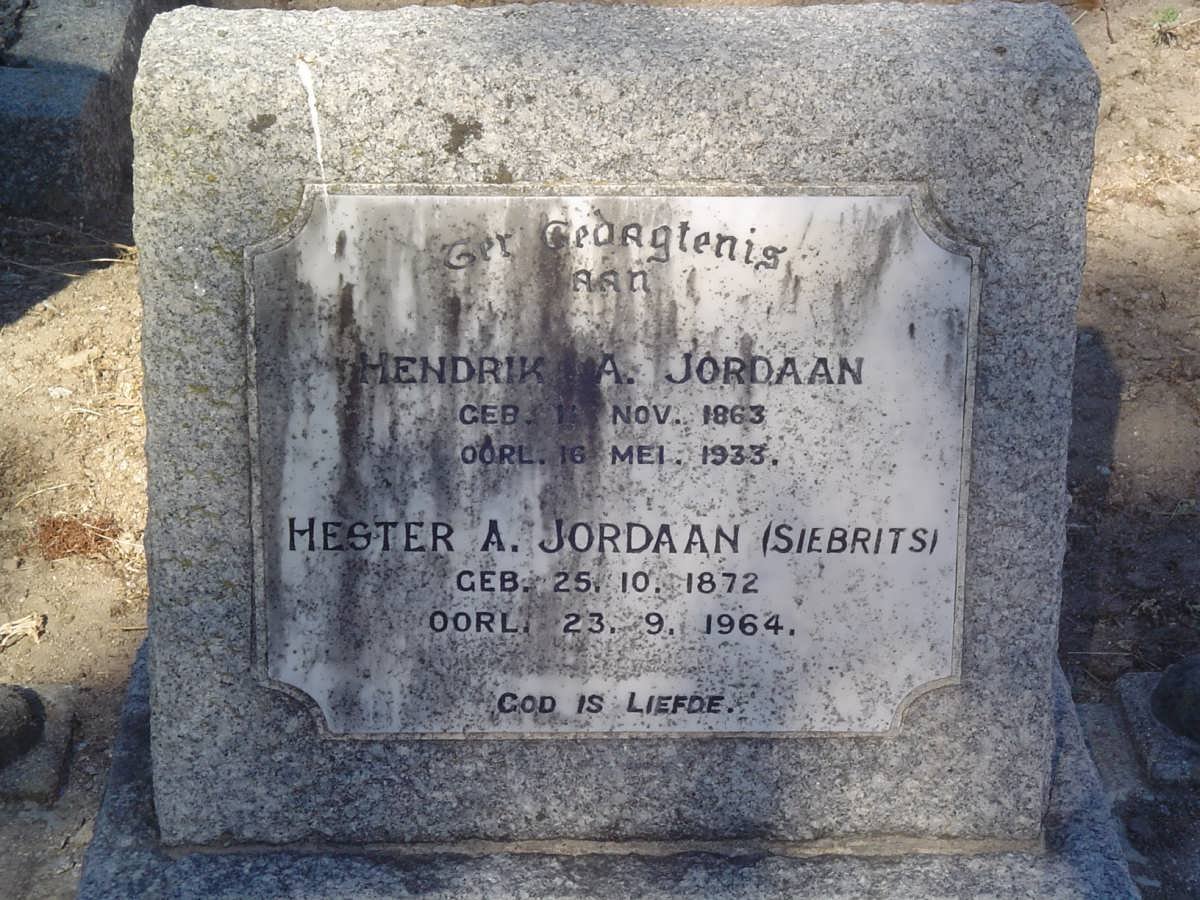 JORDAAN Hendrik A. 1863-1933 &amp; Hester A. SIEBRITS 1872-1964