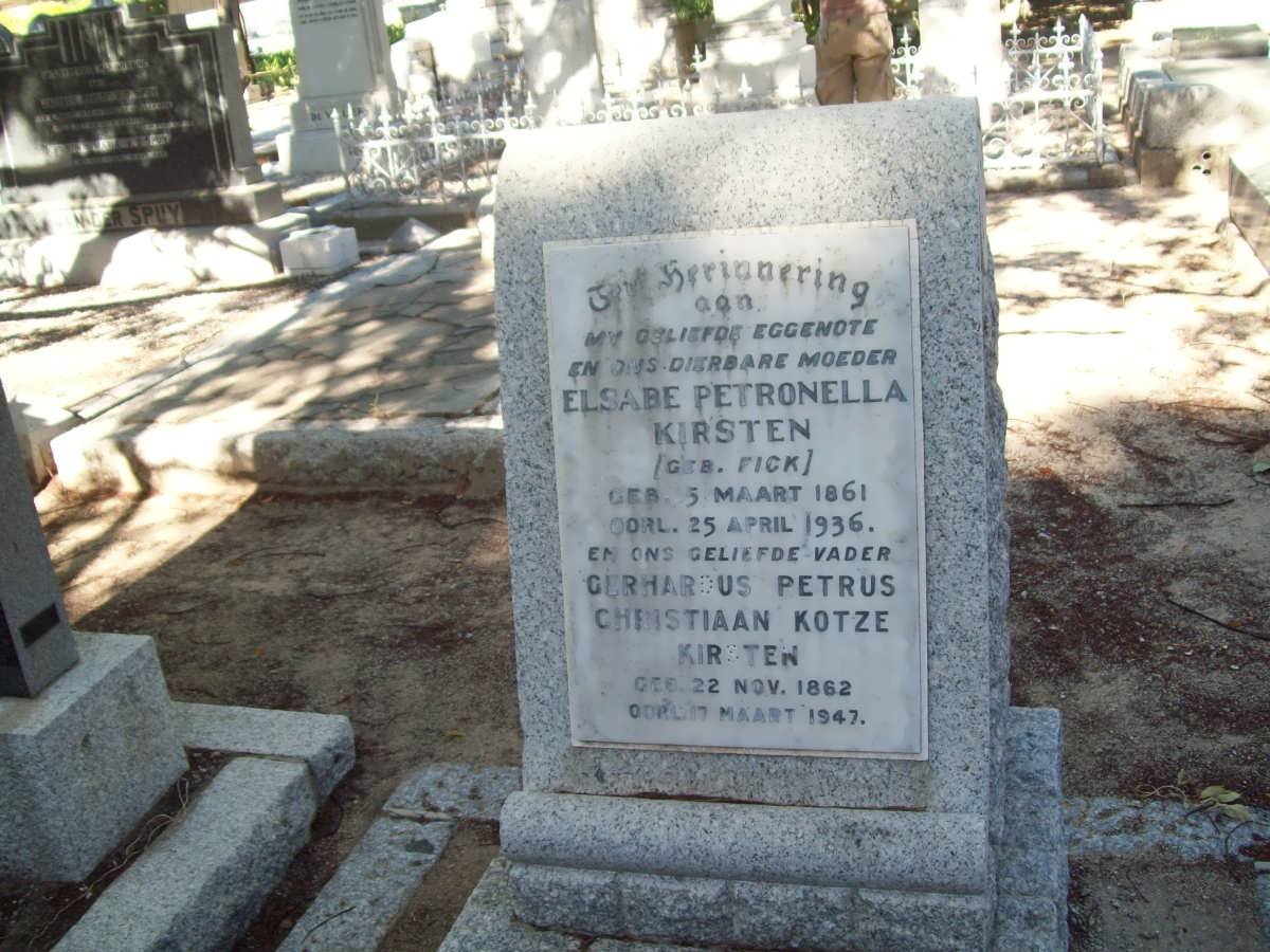 KIRSTEN Gerhardus Petrus Christiaan Kotze 1862-1947 &amp; Elsabe Petronella FICK 1861-1936