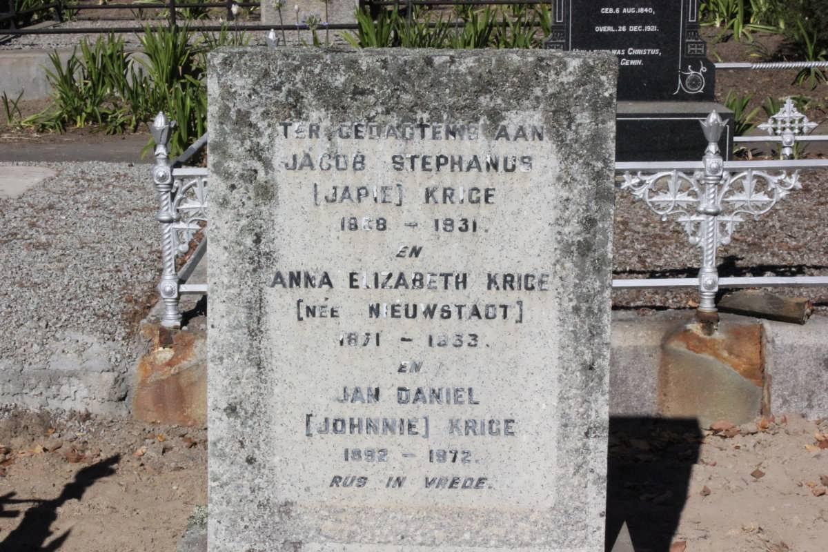 KRIGE Jacob Stephanus 18?8-1931 &amp; Anna Elizabeth NIEUWSTADT 18?1-1933 :: KRIGE Jan Daniel 1892-1972