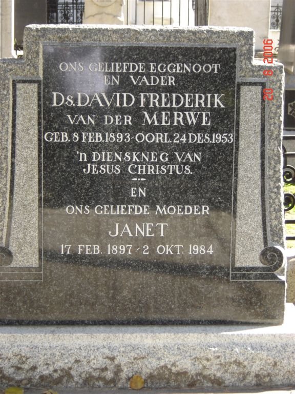 MERWE David Frederik, van der 1893-1953 &amp; Janet 1897-1984