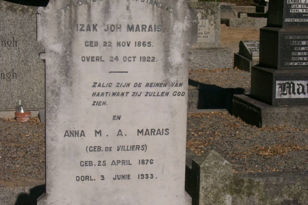 MARAIS Izak Joh. 1865-1922 &amp; Anna M.A. DE VILLIERS 1876-1933
