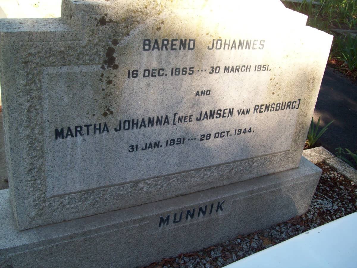 MUNNIK Barend Johannes 1865-1951 &amp; Martha Johanna JANSEN VAN RENSBURG 1891-1944