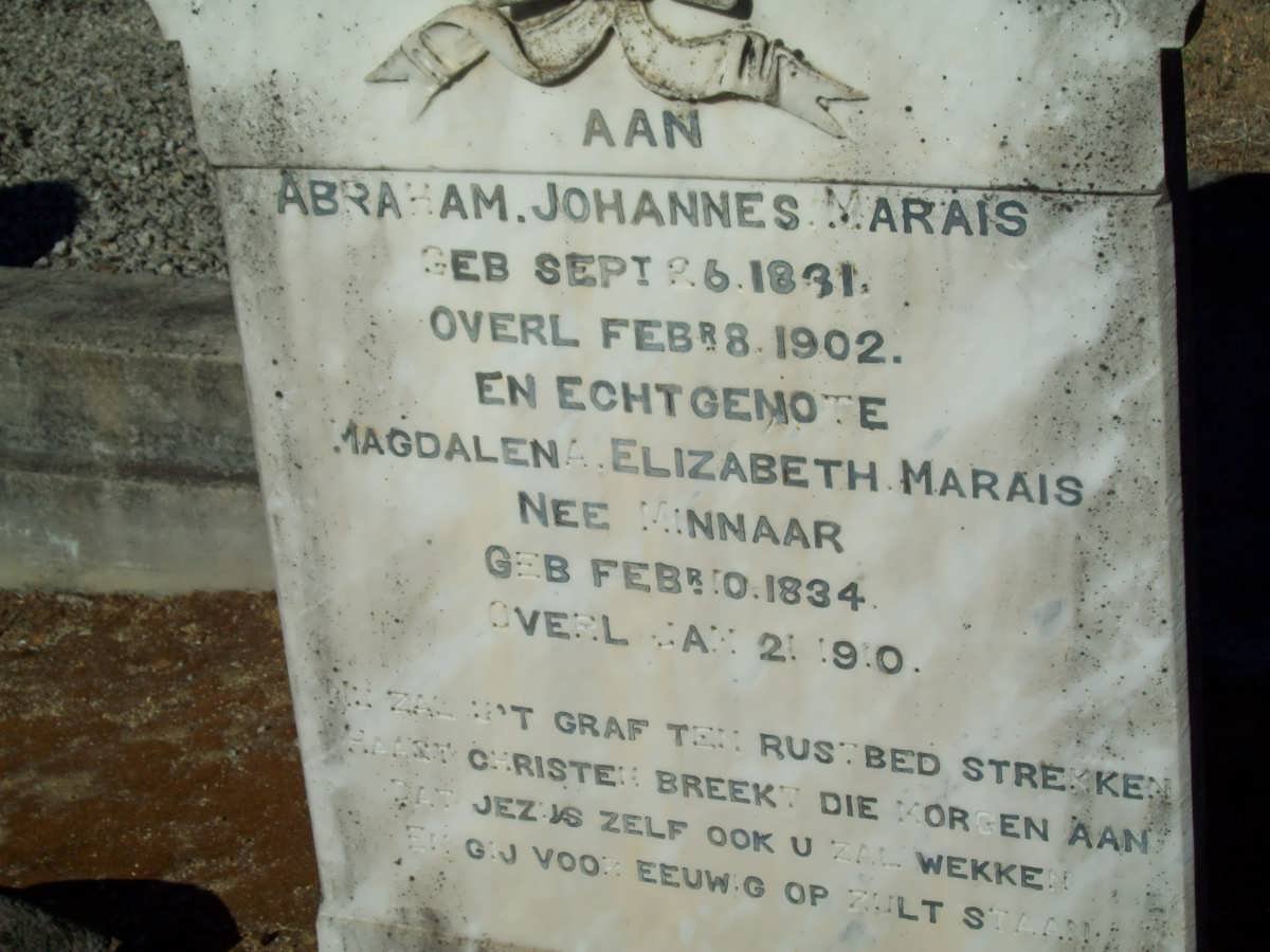 MARAIS Abraham Johannes 1831-1902 &amp; Magdalena Elizabeth MINNAAR 1834-1910