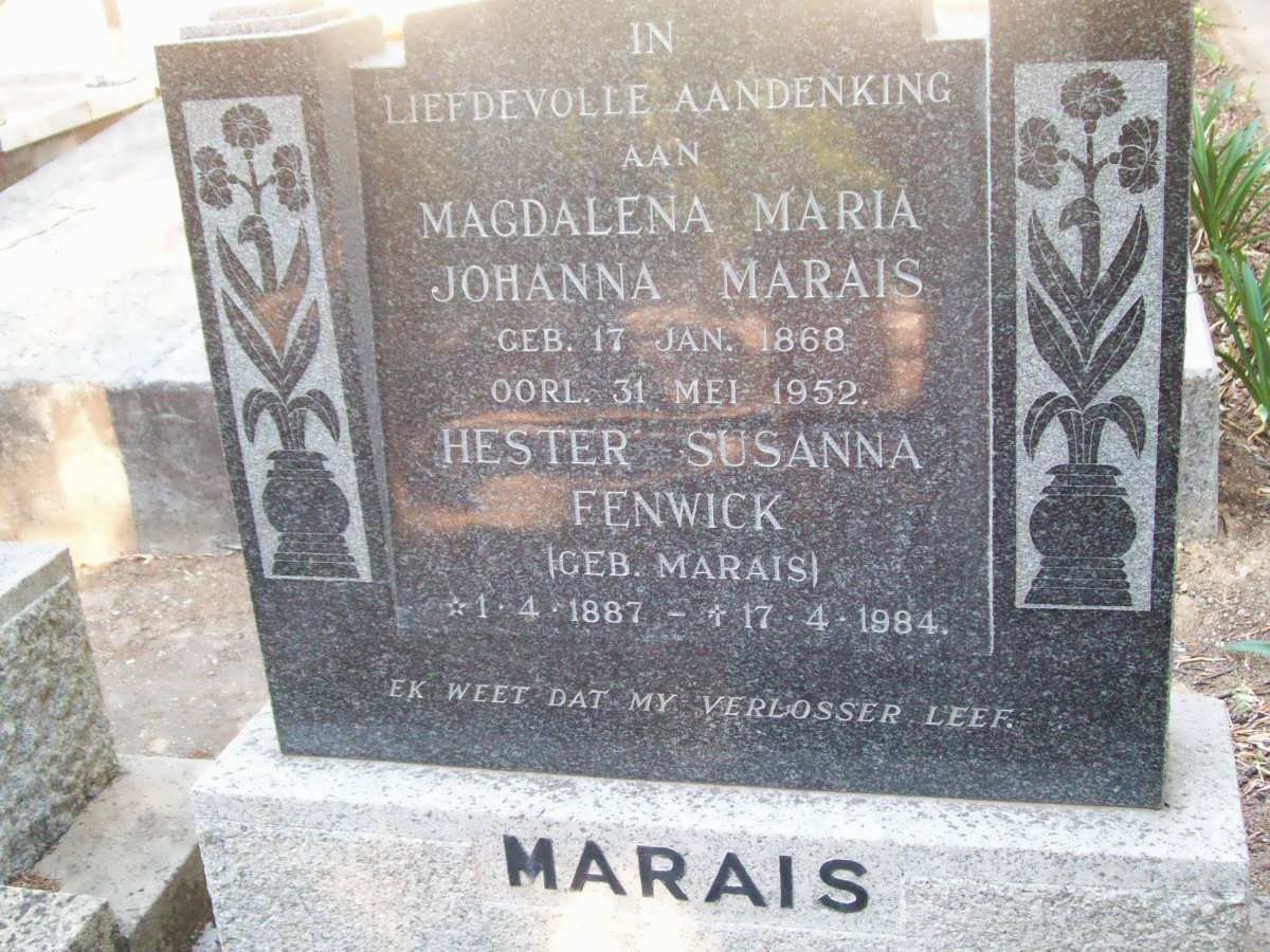 MARAIS Magdalena Maria Johanna 1868-1952 :: FENWICK Hester Susanna nee MARAIS 1887-1984
