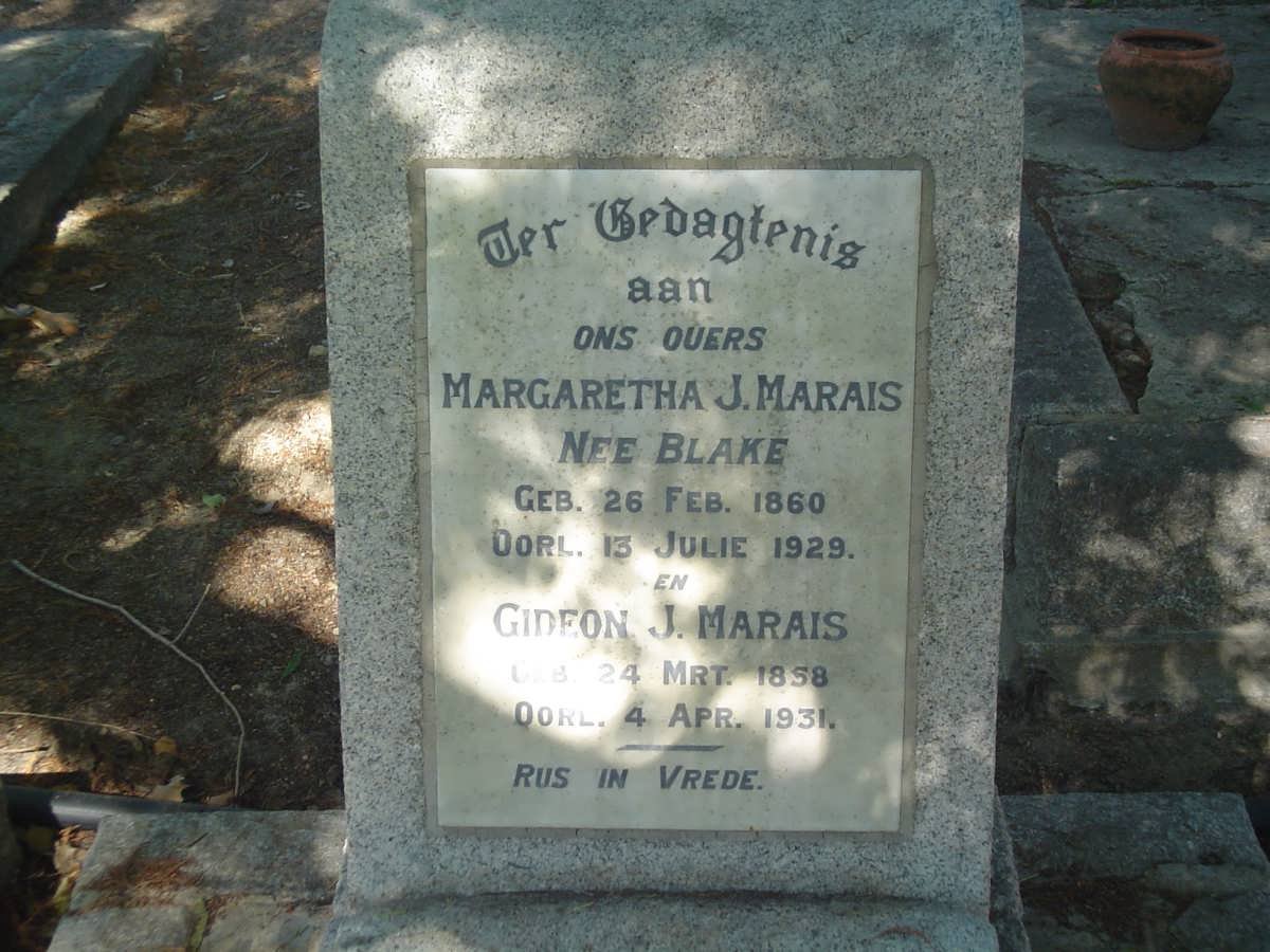 MARAIS Gideon J. 1858-1931 &amp; Margaretha J. BLAKE 1860-1929