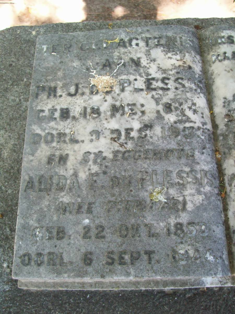 PLESSIS P.J., du 18??-193? &amp; Alida E. PIENAAR 1853-1944