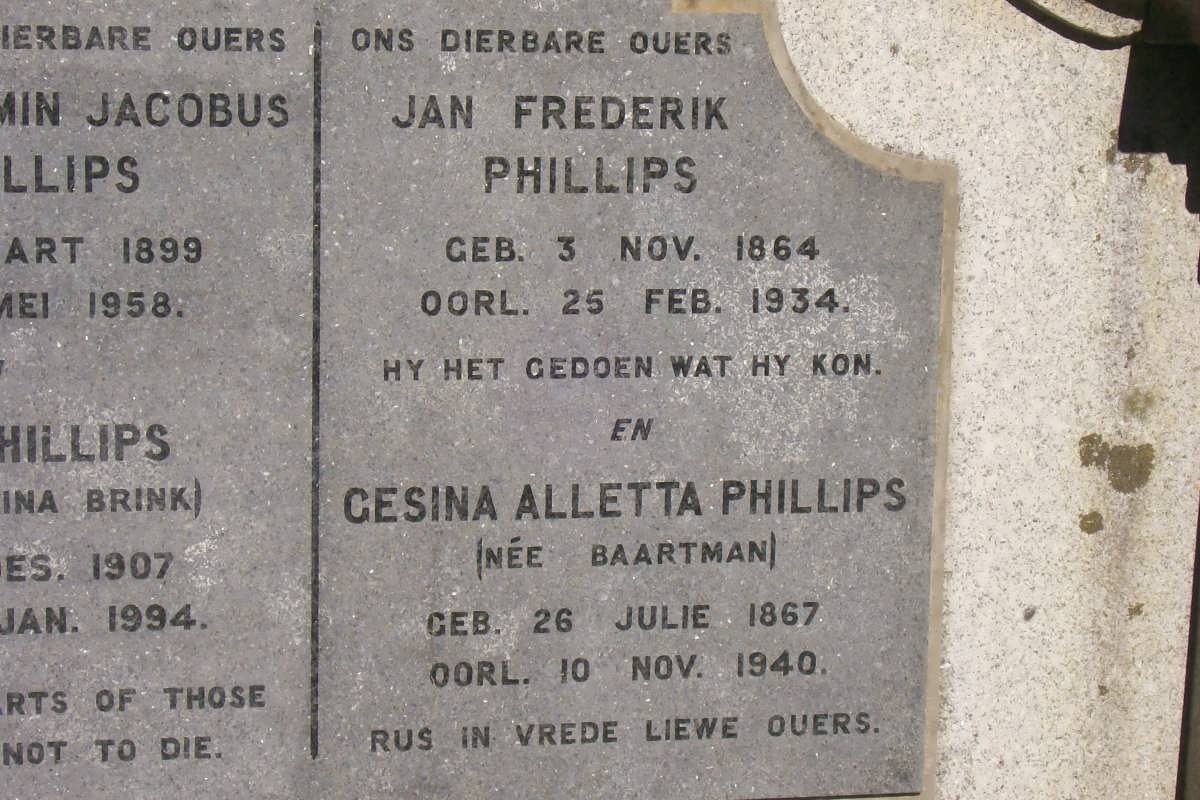 PHILLIPS Jan Frederik 1864-1934 &amp; Gesina Alletta BAARTMAN 1896-1940