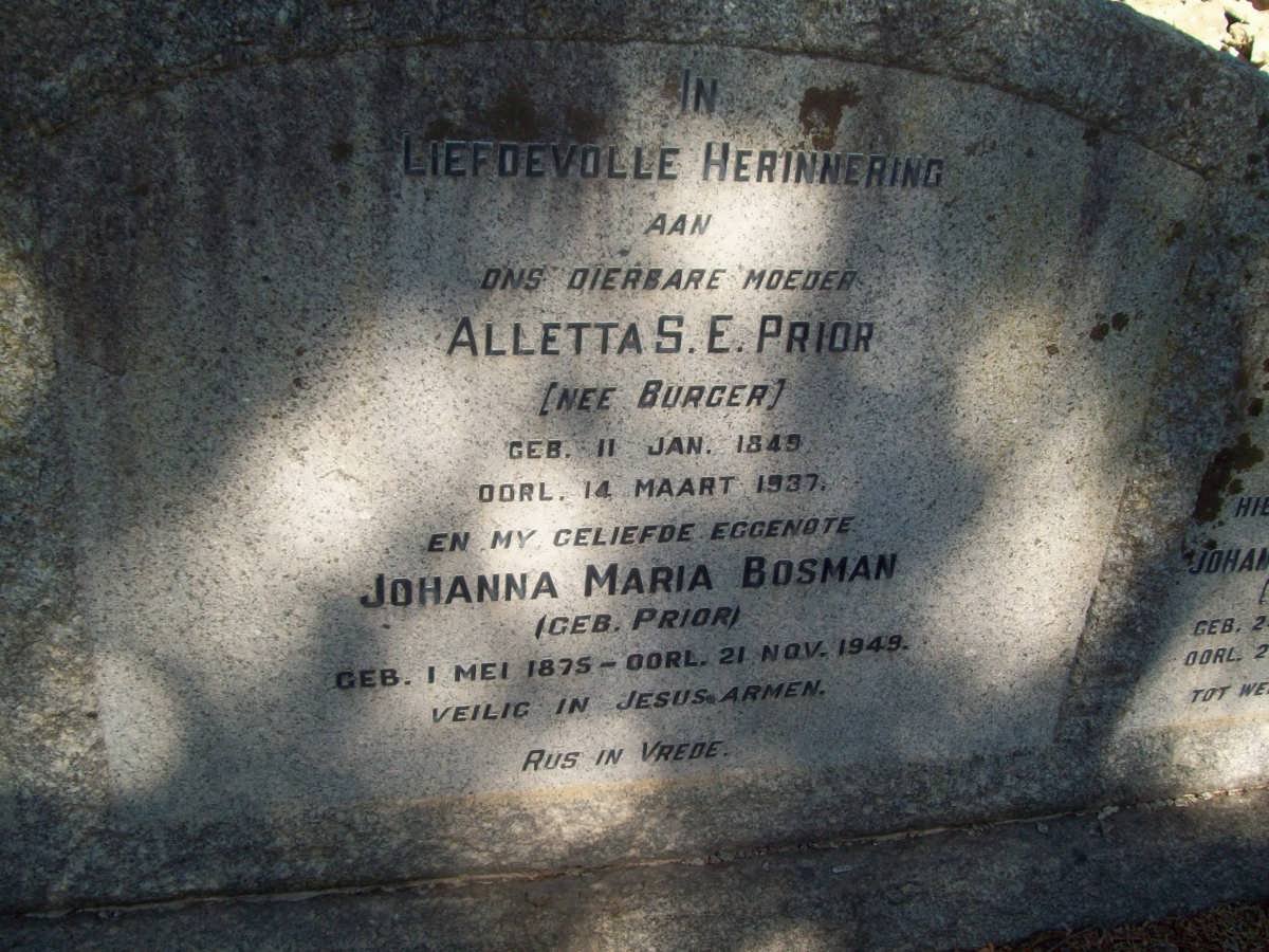 PRIOR Alletta S.E. nee BURGER 1849-1937 :: BOSMAN Johanna Maria nee PRIOR 1875-1949