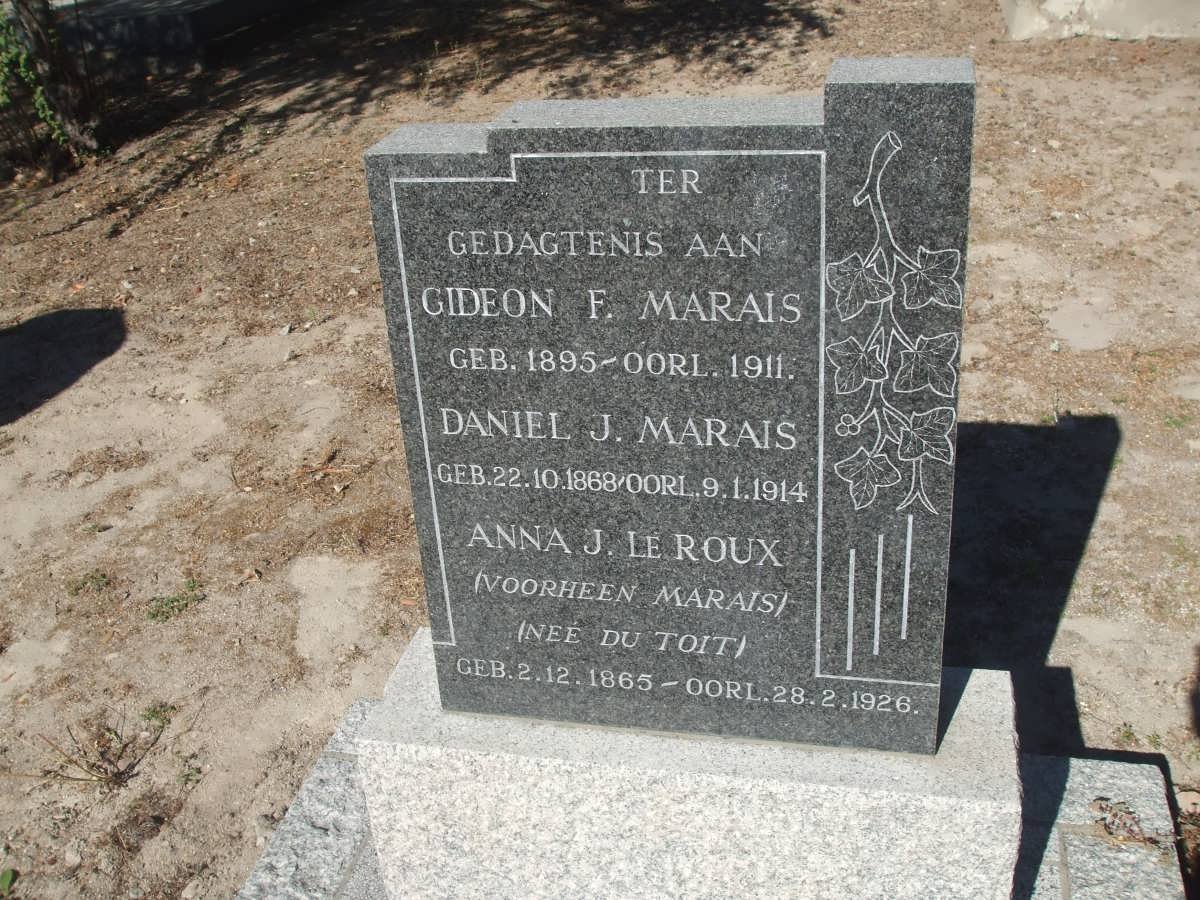 ROUX Anna J., le formerly MARAIS nee DU TOIT 1865-1926 :: MARAIS Daniel J. 1868-1914 :: 1865-1926 :: MARAIS Gideon F. 1895-1911