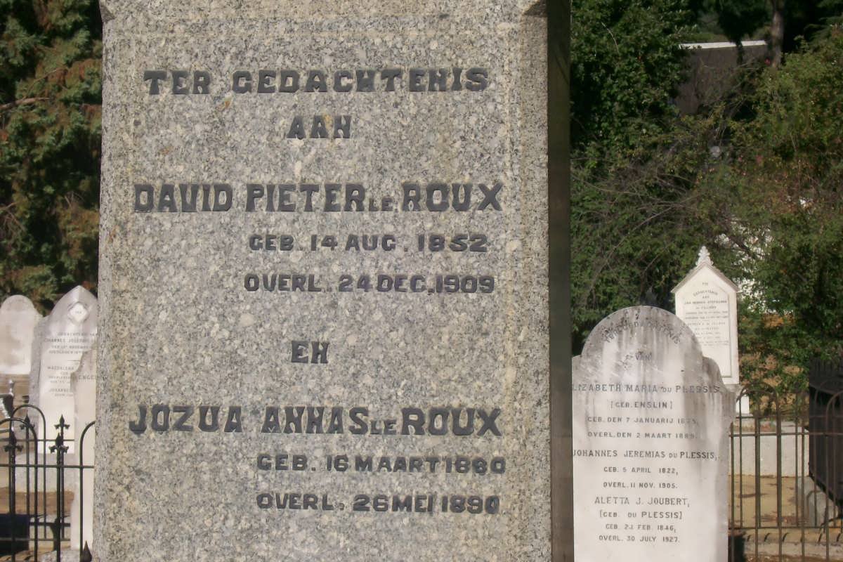 ROUX David Pieter, le 1852-1909 :: LE ROUX Jozua Annas 1860-1890