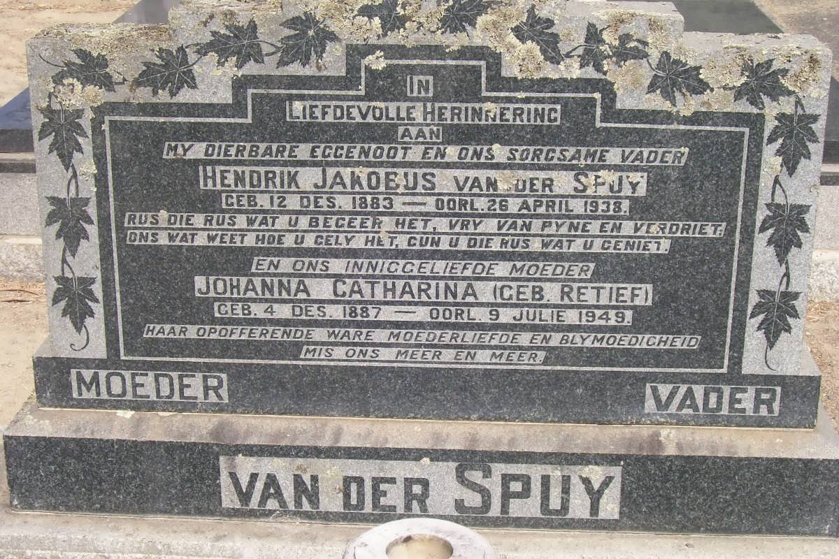 SPUY Hendrik Jakobus, van der 1883-1938 &amp; Johanna Catharina RETIEF 1887-1949