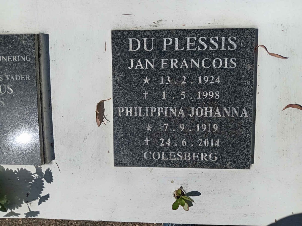 PLESSIS Philippina Johanna, du 1919-2014 &amp; Jan Francois 1924-1998