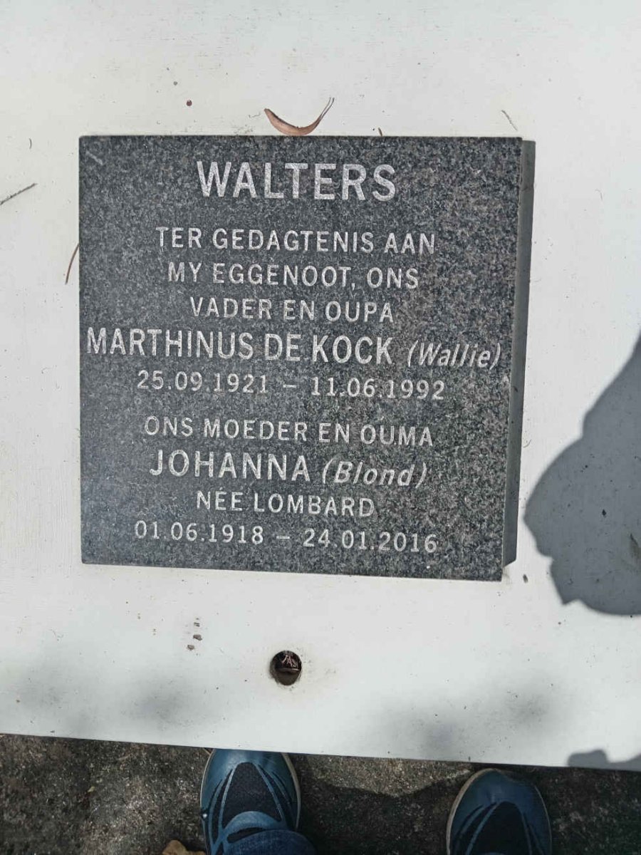 WALTERS Johanna nee LOMBARD 1918-2016 &amp; Marthinus De Kock 1921-1992