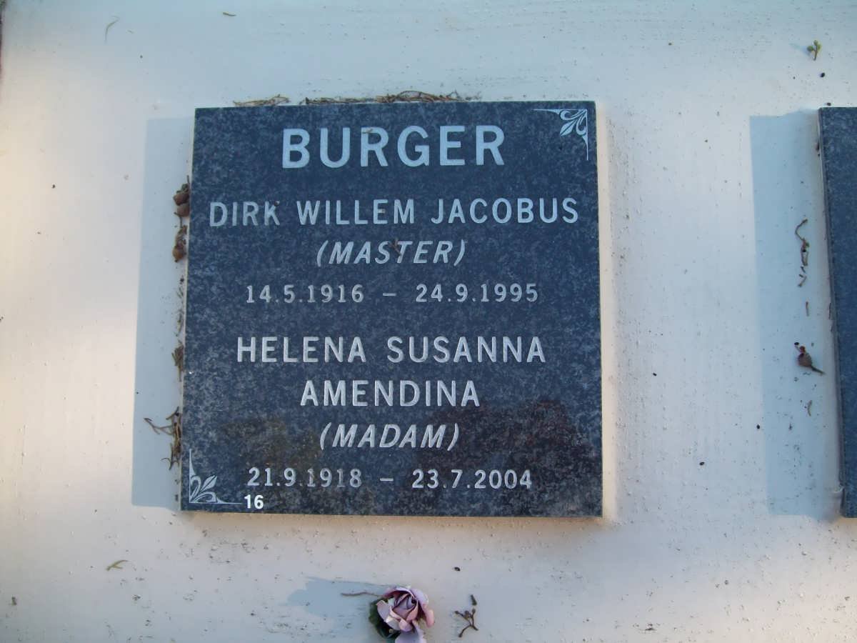 BURGER Dirk Willem Jacobus 1916-1995 &amp; Helena Susanna Amendina 1918-2004
