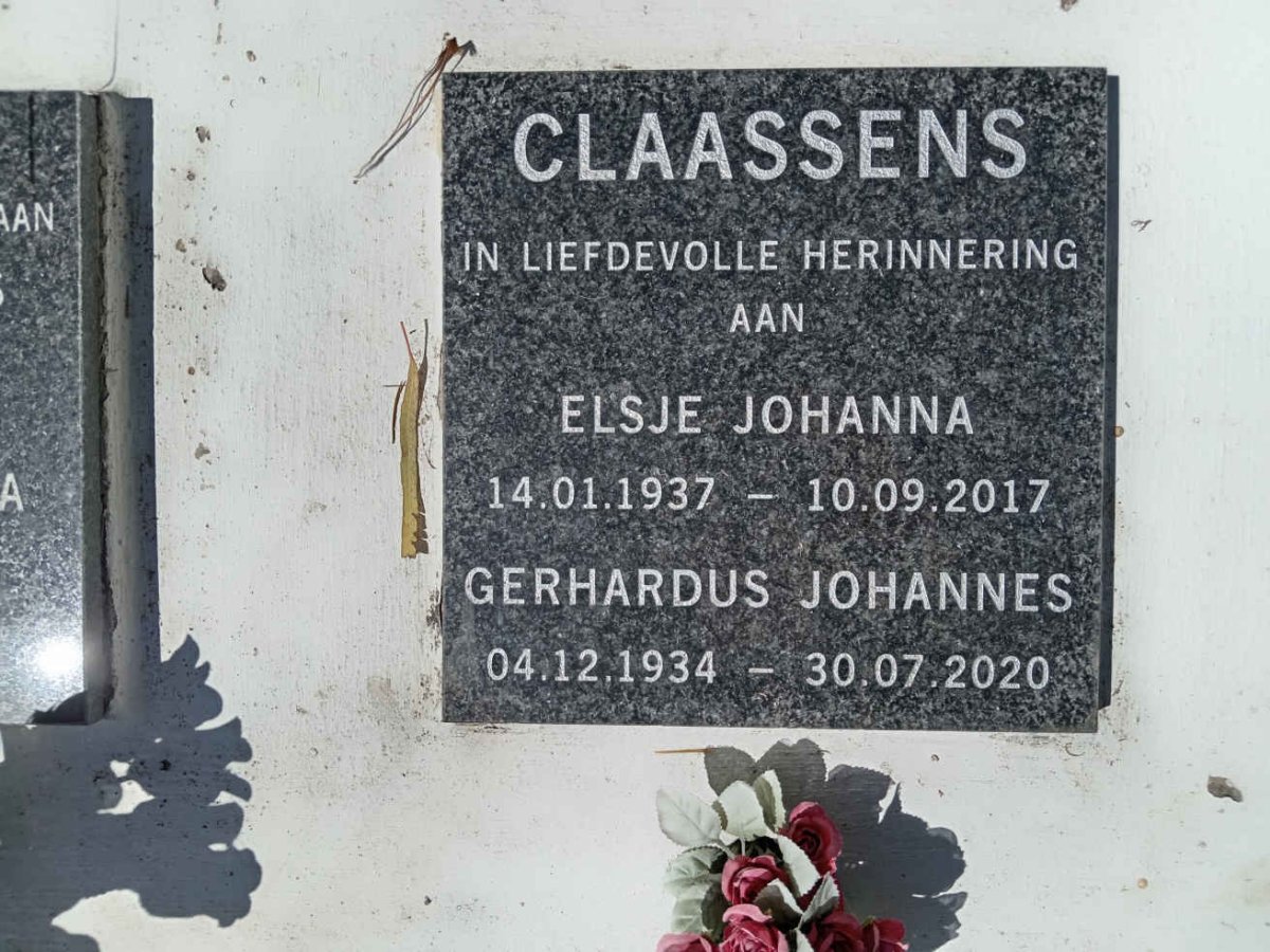 CLAASSENS Gerhardus Johannes 1934-2020 &amp; Elsje Johanna 1937-2017