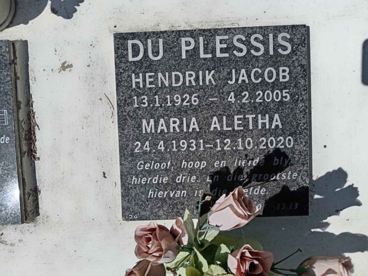 PLESSIS Hendrik Jacob, du 1926-2005 &amp; Maria Aletha 1931-2020