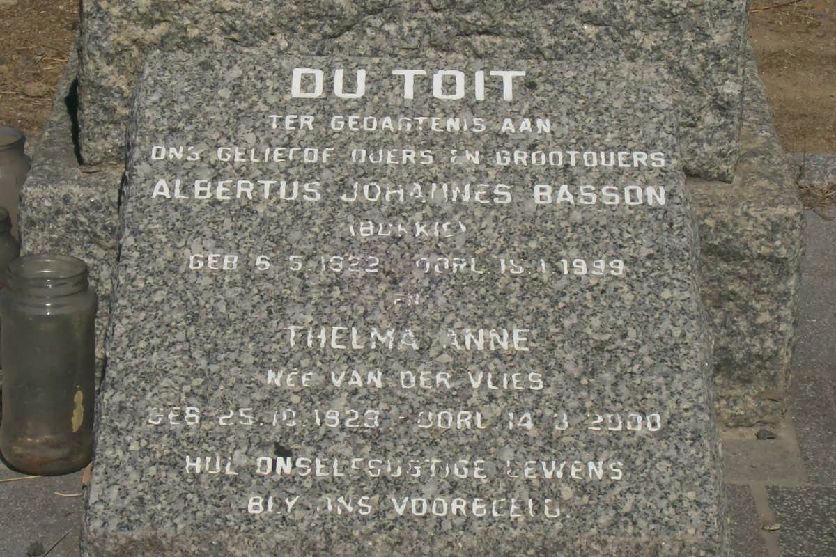 TOIT Albertus Johannes Basson, du 1922-1999 &amp; Thelma Anne VAN DER VLIES 1923-2000
