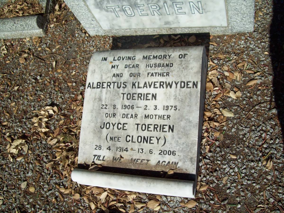 TOERIEN Albertus Klaverwyden 1906-1975 &amp; Joyce CLONEY 1914-2006