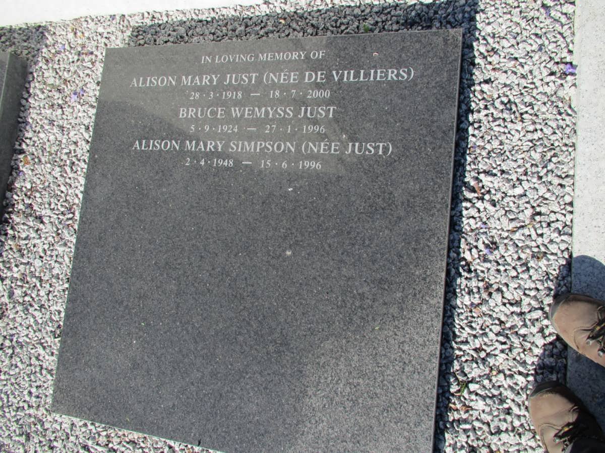 JUST Bruce Wemyss 1924-1996 &amp; Alison Mary DE VILLIERS 1918-2000 :: SIMPSON Alison Mary nee JUST 1948-1996
