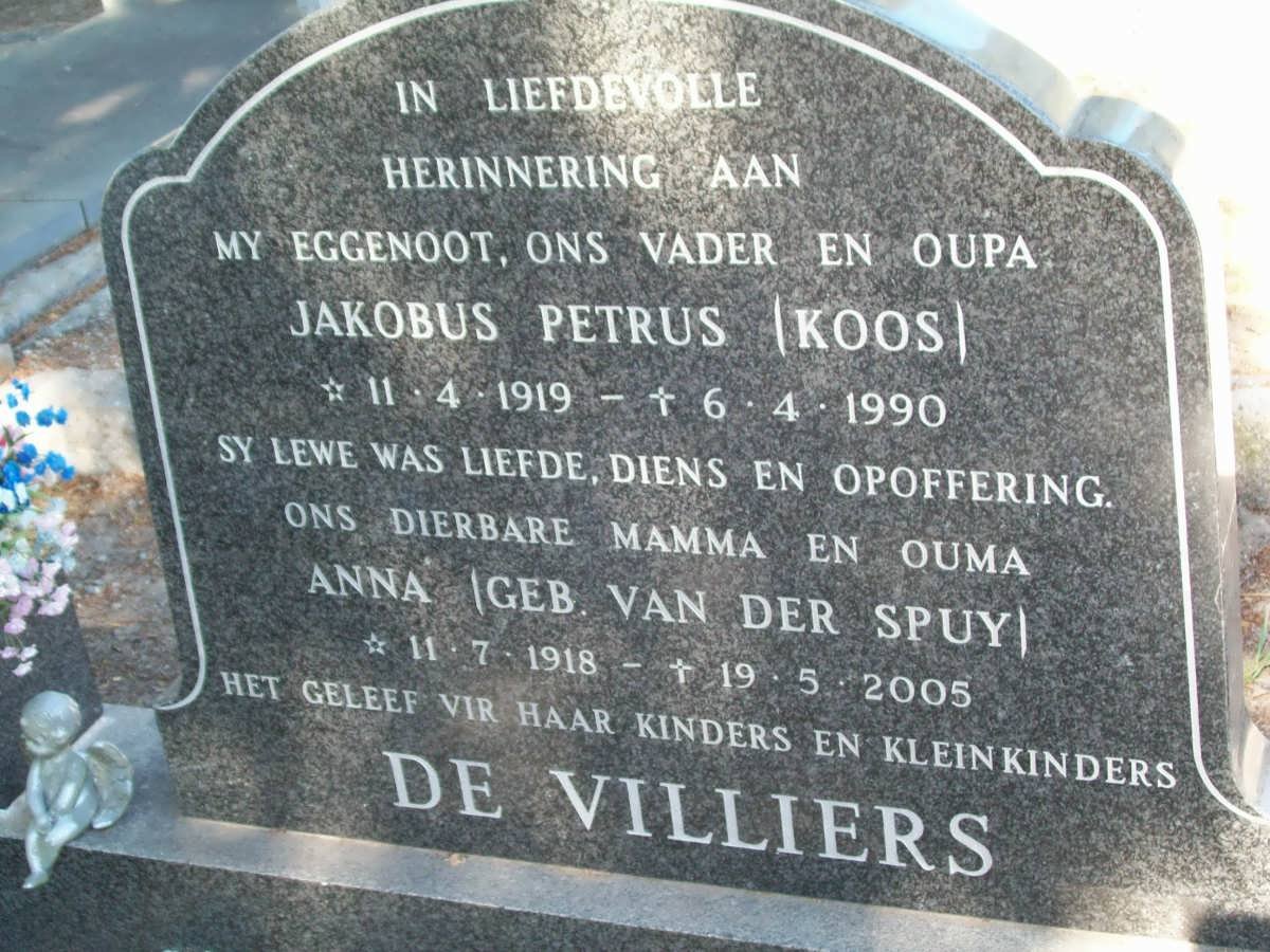 VILLIERS Jakobus Petrus, de 1919-1990 &amp; Anna VAN DER SPUY 1918-2005