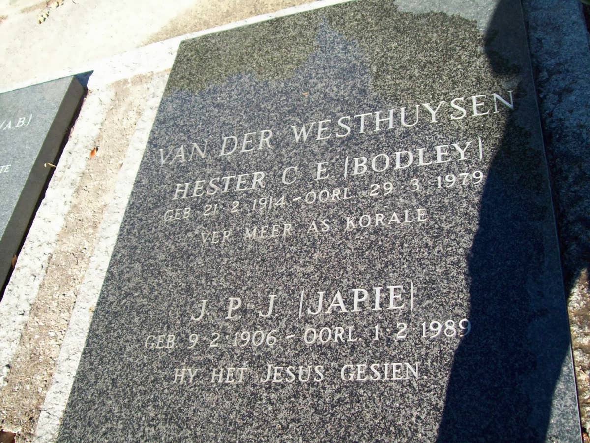 WESTHUYSEN J.P.J., van der 1906-1989 &amp; Hester C.E. BODLEY 1914-1979