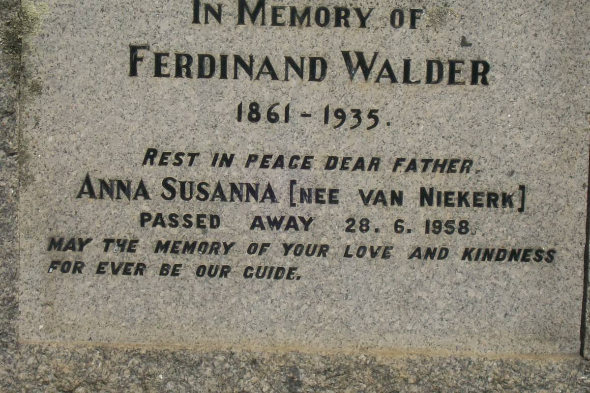 WALDER Ferdinand 1861-1935 &amp; Anna Susanna VAN NIEKERK -1958 