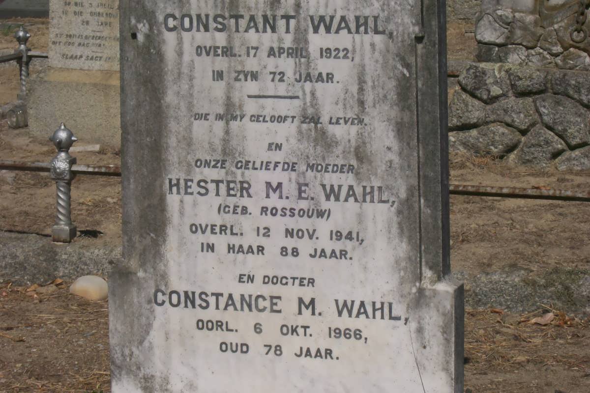 WAHL Constant -1922 &amp; Hester M.E. ROSSOUW -1941 :: WAHL Constance M. -1966