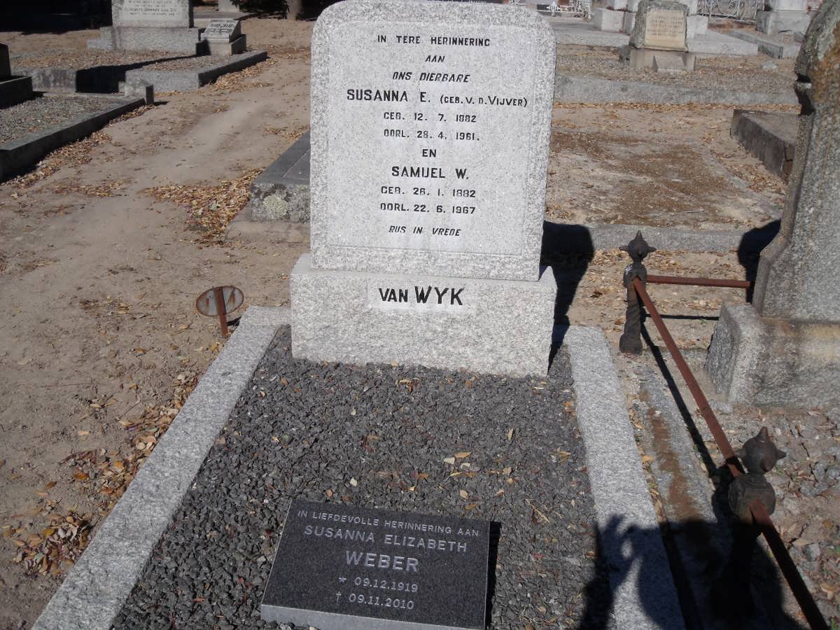 WYK Samuel W., van 1882-1967 &amp; Susanna E. V.D.VIJVER 1882-1961 :: WEBER Susanna Elizabeth 1919-2010
